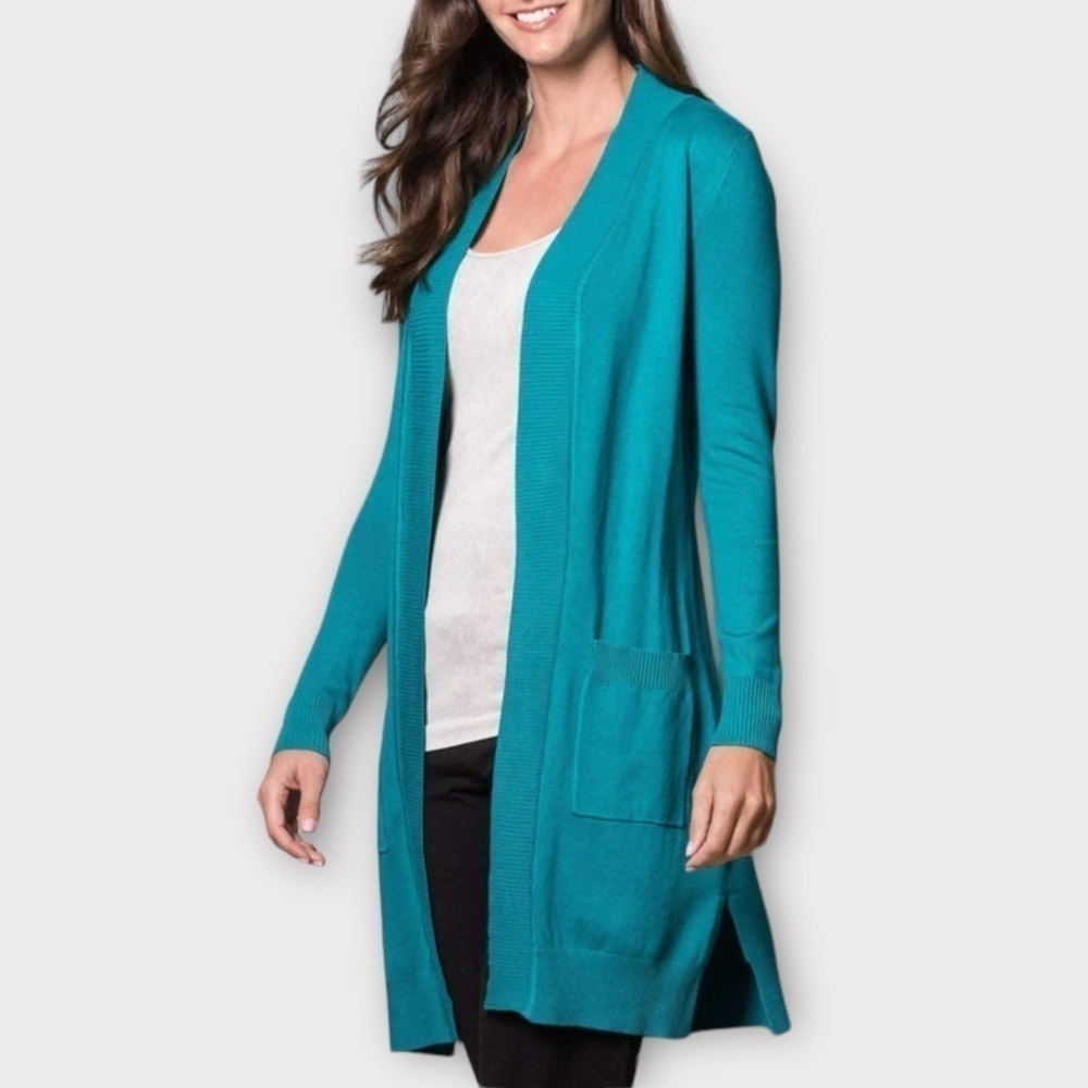 CHICOS Draped Straight Long Cardigan Sweater Open Front Size 3X Bright J…